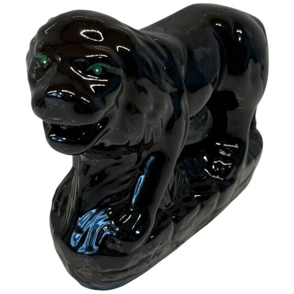 Vtg MCM Black Ceramic Stalking Lion Cat Figurine Green Eyes 9” Gloss Art Rare - Picture 1 of 16